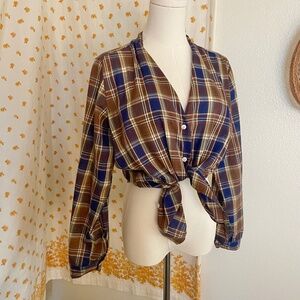 Vintage 70s Plaid Tie Neck Blouse | Brown Blue Fall Secretary Shirt | Retro Long
